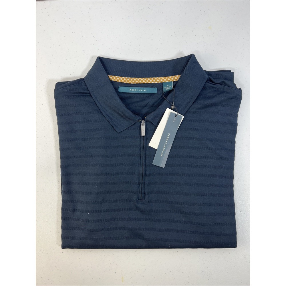 NWT‎ Perry Ellis Dark Sapphire 1/4 Zip Long Sleeve Polo Sport Shirt Size Medium